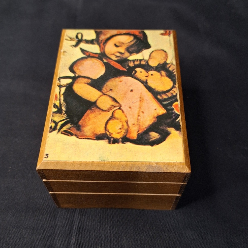 Vintage Sankyo Wood Music Box Hummel Style Girl with Chicks Made in Japan